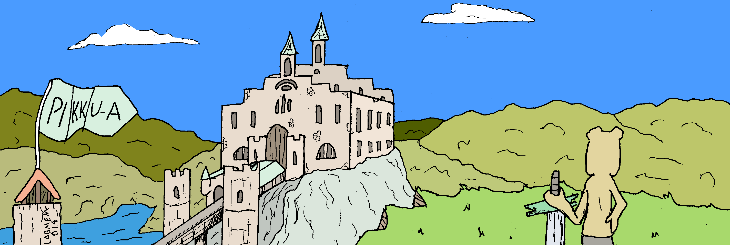A hand-drawn, comic-style image. An adventurer looks at a castle on a hill, and there is a flag with the text 'Pikku-a.'